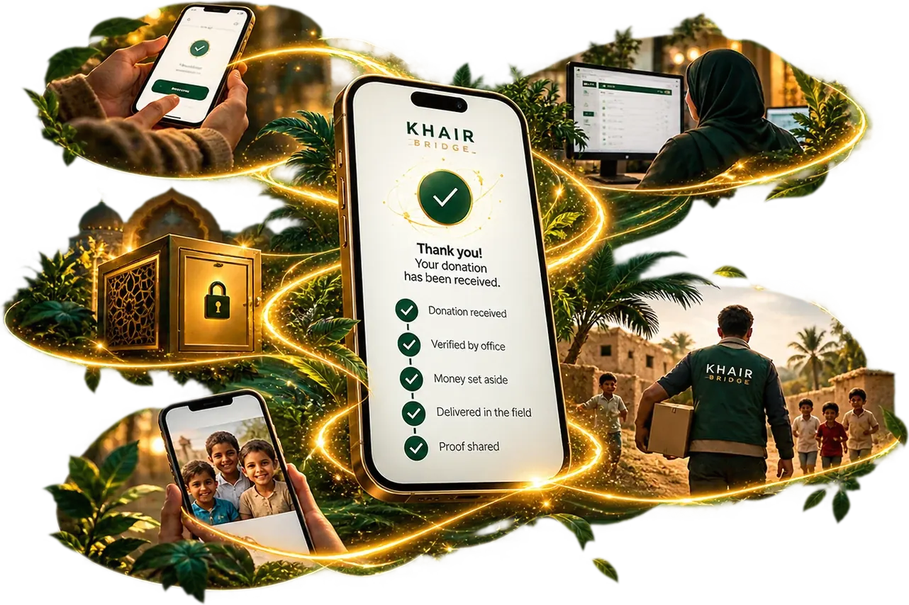 A donation moving from a donor phone, to the office, into safekeeping, out to a field worker, and back to the donor as proof