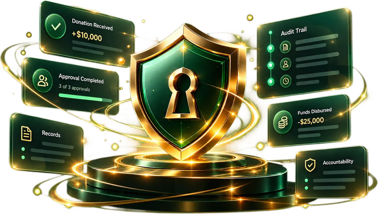 Gold shield with a keyhole, surrounded by cards for donation received, approval completed, audit trail, funds disbursed, records and accountability