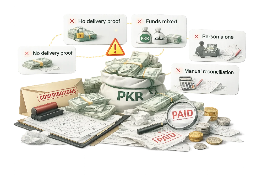 A pile of cash with red flags — no delivery proof, mixed funds, single-person control and manual reconciliation