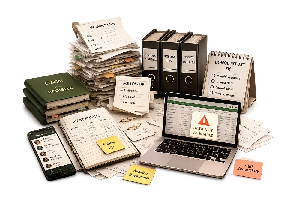 Paper registers, binders, spreadsheets and WhatsApp — the manual chaos NGOs run on today