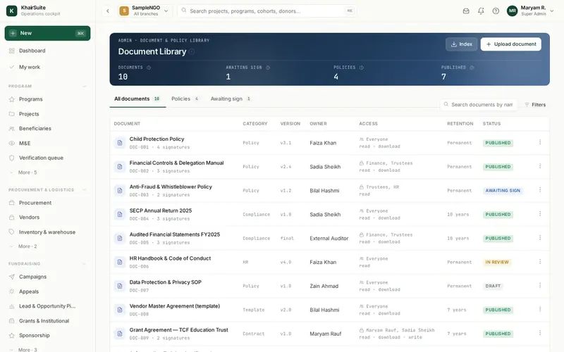 Workspace screen, sample data