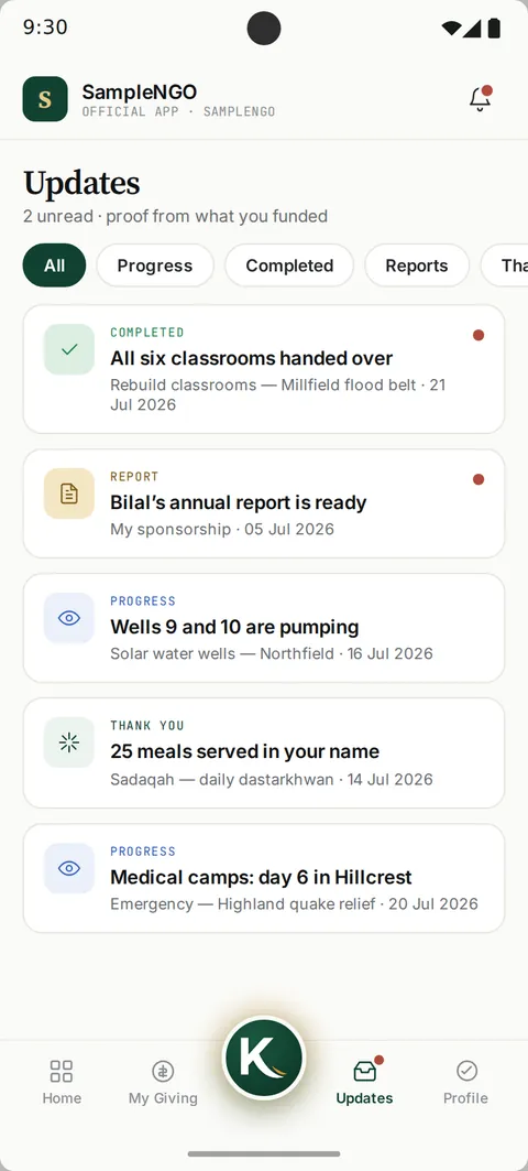 KhairPay updates screen showing proof of what a donation did
