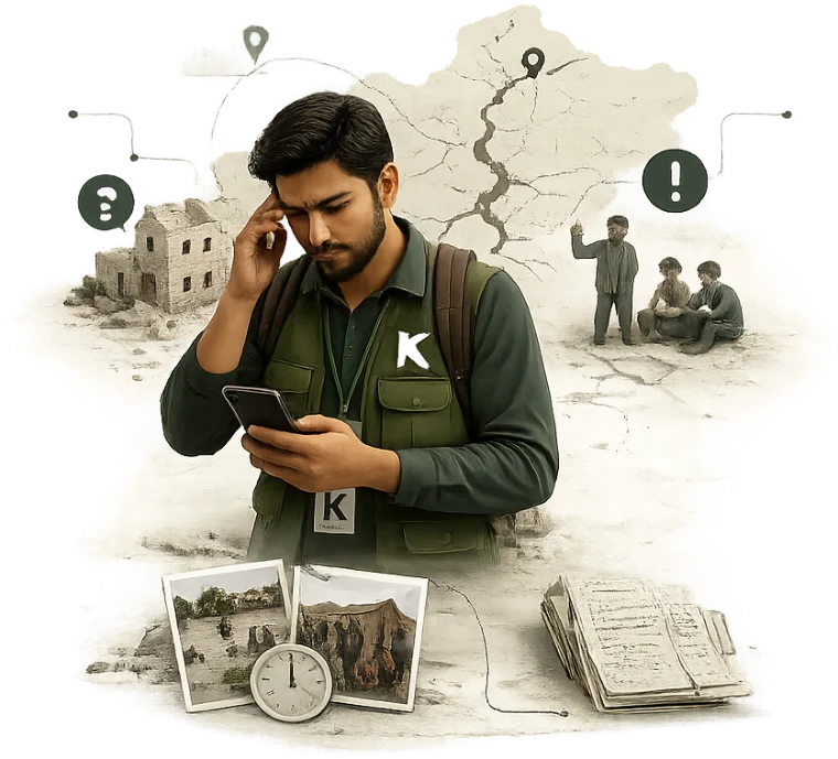 An overwhelmed KhairBridge volunteer in the field, surrounded by a cracked map, unverifiable photos with a clock, scattered paper notes and question marks — the gaps in field verification